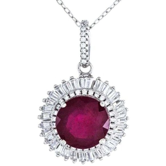 Appraisal $1,355 - Red Ruby Pendant Necklace 5.0 carat 18” Rhodium Plated - Picture 1 of 4